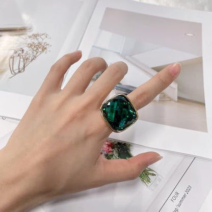 Chunky Square Crystal Glass Stainless Steel Statement Ring for Women Men Gold-Tone Plated Exaggerated Large Geometric Green Cubic Zirconia Finger Band Knuckle Rings Cocktail Prom Fashion Jewelry - color: Green