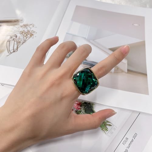 Chunky Square Crystal Glass Stainless Steel Statement Ring for Women Men Gold-Tone Plated Exaggerated Large Geometric Green Cubic Zirconia Finger Band Knuckle Rings Cocktail Prom Fashion Jewelry - color: Green