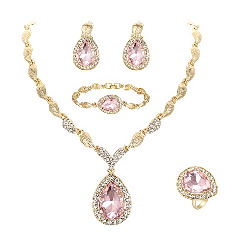 Womens Africa 18k Gold Plated Jewelry Set Crystal Rhinestones Petals Teardrop Cluster Bib Statement Necklace Link Bracelet Dangle Earrings Ring for Prom - color: 08-Pink Gold-Plated-Base