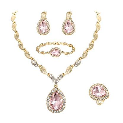 Womens Africa 18k Gold Plated Jewelry Set Crystal Rhinestones Petals Teardrop Cluster Bib Statement Necklace Link Bracelet Dangle Earrings Ring for Prom - color: 08-Pink Gold-Plated-Base