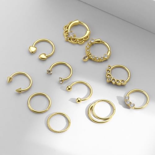 11PCS 16G Septum Rings Surgical Stainless Steel Septum Jewelry Hinged Clicker Segment Horseshoe Septum Piercing Gold Plated Daith Earrings for Women Men 8mm 10mm - color: Gold Tone