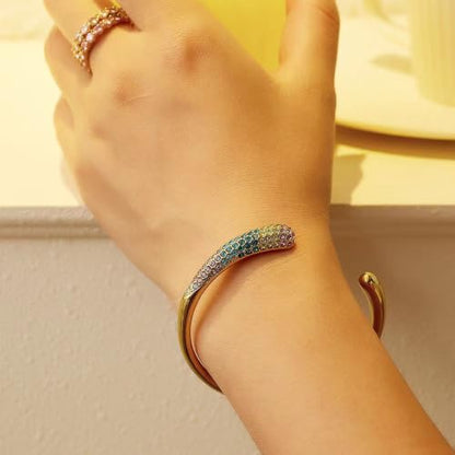 Adjustable Open-Cuff Bracelet for Women – Stainless Steel Gold Bangle with Colorful Rhinestones, Layering Accessory