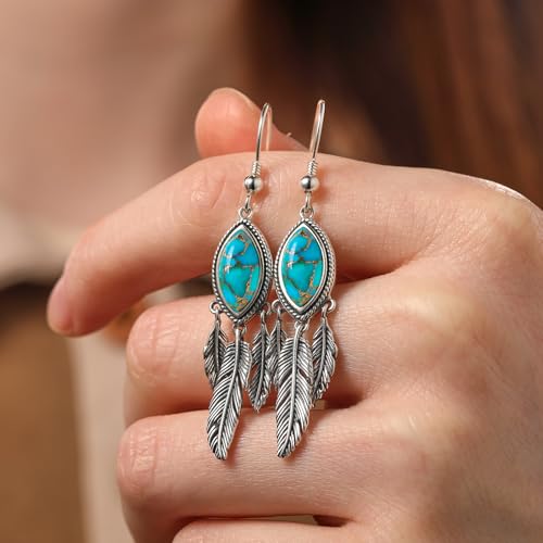 AVECON Turquoise Dangle Earrings for Women, Sterling Silver Feather Jewelry | Genuine Western Marquise Boho Pierced, Native American Jewelry with Hook and Leaf, for Cowgirl & Cowboy - color: Teal Turquoise