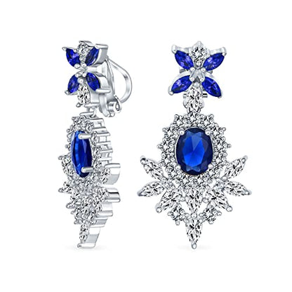 Cocktail Leaf Motif Multi Color CZ Chandelier Clip-On Earrings Silver Plate - color: Blue