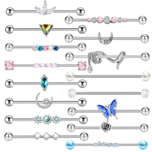 TIANCI FBYJS 7-16pcs 14G Stainless Steel Industrial Piercing Barbell Earring Cartilage Body Jewelry 38mm 1&1/2 Inch Industrial Piercing Bar for Women Men Snake Chain Dangle - color: silver new 16pcs