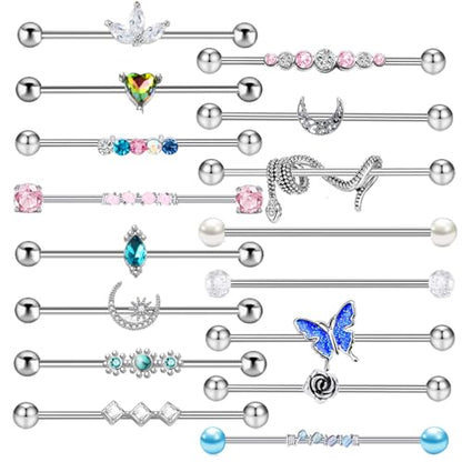 TIANCI FBYJS 7-16pcs 14G Stainless Steel Industrial Piercing Barbell Earring Cartilage Body Jewelry 38mm 1&1/2 Inch Industrial Piercing Bar for Women Men Snake Chain Dangle - color: silver new 16pcs