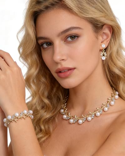 14K Gold Plated Pearl Jewelry Set for Women - 3 Piece Wedding Jewelry Sets with Necklace Earring Bracelet, Crystal Accented Pearl Bridal Set for Wedding