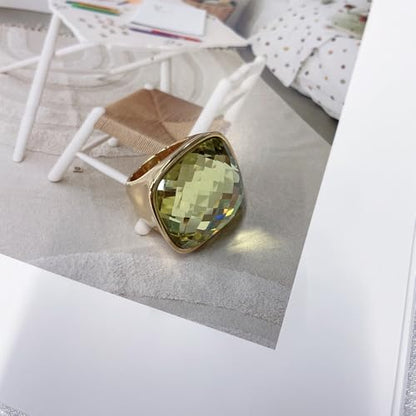 Chunky Square Crystal Glass Stainless Steel Statement Ring for Women Men Gold-Tone Plated Exaggerated Large Geometric Green Cubic Zirconia Finger Band Knuckle Rings Cocktail Prom Fashion Jewelry - color: Olive Green