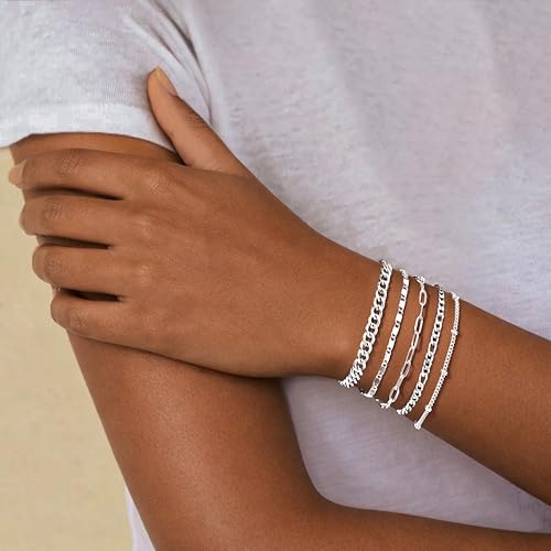 Gold Bracelets Set for Women Non Tarnish Trendy,14K Gold Plated Dainty Stackable Paperclip Cuban Link Chain Bracelets, Simple Cute Cuff Bracelets Jewelry Set Adjustable 7"+2" - color: Silver