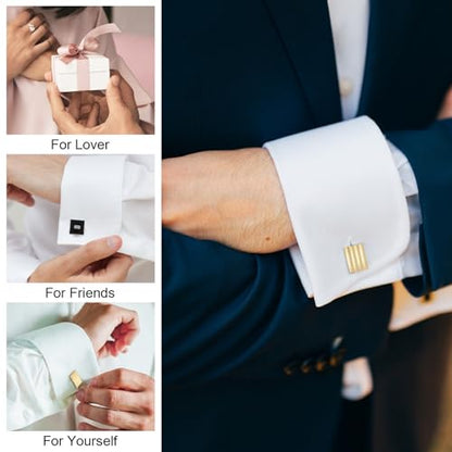 COMNICO 4 Pairs Cufflinks for Men Classic Tone Cuff Links Fashion Men Cufflinks Gold/Sliver Striped Disc Square Rectangle Cuff Links for Business Wedding Party Gift Box - color: square glod silver