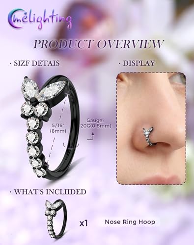 Melighting 20G Butterfly Nose Ring Hoop 8 mm Open Seamless Nose Piercing Jewelry Surgical Steel 316L, Twist Nostril Ring with Marquise and Round CZ, Silver Flower Body Piercing for Women - style: Butterfly Black