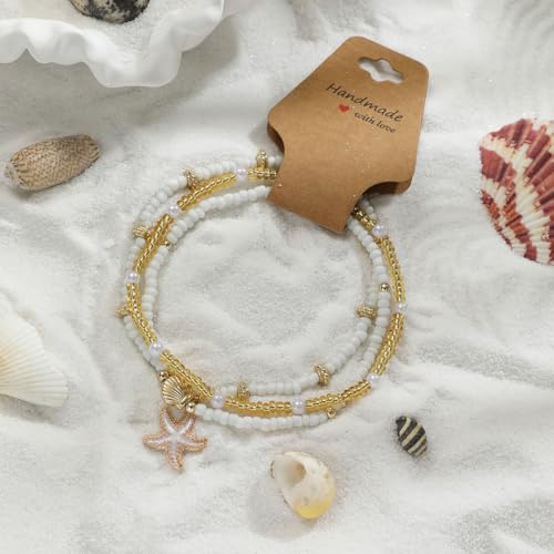 3PCS Boho Anklets for Women Summer Beach Women's Ankle Bracelets Beaded Anklet Bracelet Waterproof Beach Anklets Shell Starfish Anklet Foot Chain Jewelry for Women - color: 3PCS/Gold