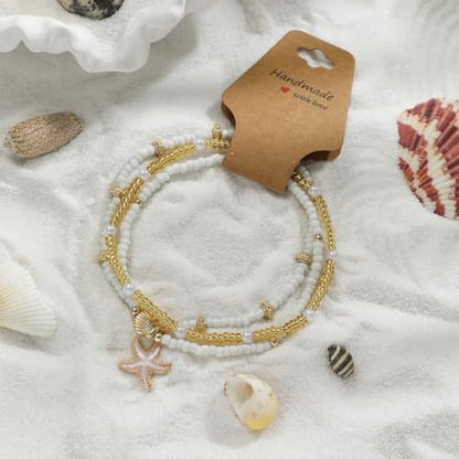 3PCS Boho Anklets for Women Summer Beach Women's Ankle Bracelets Beaded Anklet Bracelet Waterproof Beach Anklets Shell Starfish Anklet Foot Chain Jewelry for Women - color: 3PCS/Gold