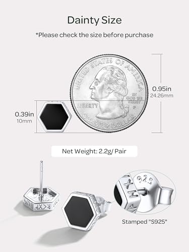 ChicSilver 925 Sterling Silver Viking Rune Natural Black Onyx Stud Earrings For Women Men - style: D: Hexagon Black Onyx