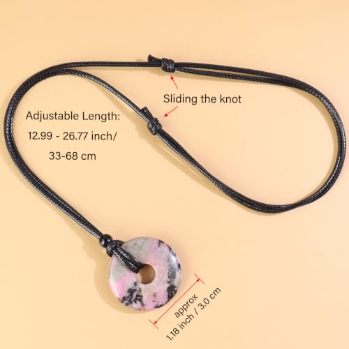 Anjiucc Natural Gemstone Pendant Necklce Lucky Coin Crystal Necklace Donut Pendnat with Adjustable Rope Healing Crystal for Men - color: Rhodonite