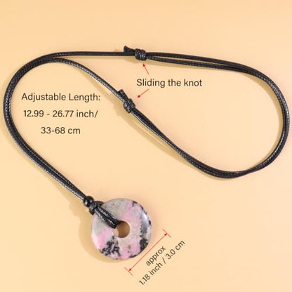 Anjiucc Natural Gemstone Pendant Necklce Lucky Coin Crystal Necklace Donut Pendnat with Adjustable Rope Healing Crystal for Men - color: Rhodonite