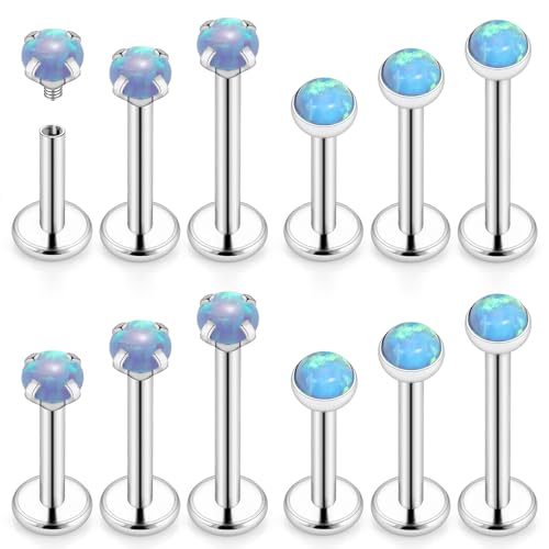 16G Internal Thread Flat Back Earrings Nose Studs 316L Surgical Steel Medusa Labret Monroe Lip Ring Tragus Forward Helix Conch Cartilage Lobe Earrings Stud Piercing Jewelry For Women Men Opal - color: Blue Opal, size: 16G-6MM/8MM/10MM Bar-3MM Opal