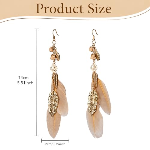 FRESHME Native American Earrings for Women - Ethnic Boho Feather Dangle Jewelry with Tessel for Birthday Party Photoshoot - color: Champagne