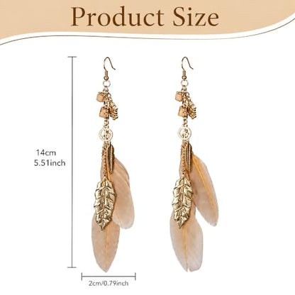 FRESHME Native American Earrings for Women - Ethnic Boho Feather Dangle Jewelry with Tessel for Birthday Party Photoshoot - color: Champagne