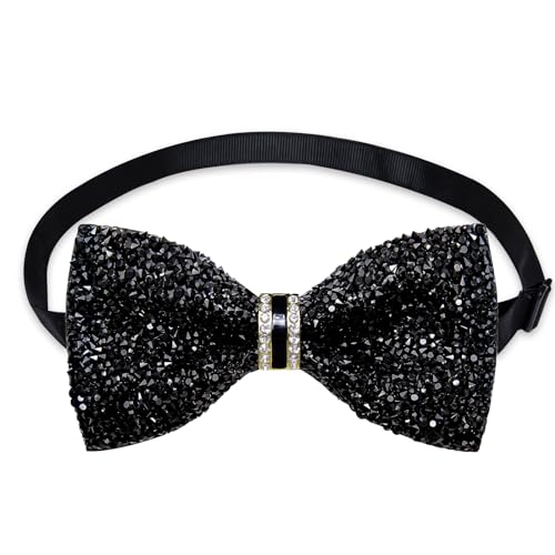DiBanGu Mens Rhinestone Bow Tie with Ring and Lapel Pin Set | Adjustable Strap,Pre-tied Style,3PCS,Sequin Diamond Bowties，Solid/Mix Color,Shiny Accessory,for Party Prom Banquet Wedding - color: Black