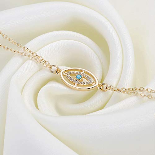 Dainty Gold Bracelets for Women, 14K Gold Plated Adjustable Layered Beads Bracelet Cute Evil Eye Oval Chain Pearl Bar Turtle Gold Bracelets for Women Jewelry - style: CZ Evil Eye