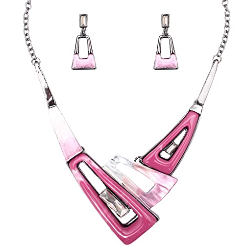 SFE Irregular Enamel Triangle Shape shell Collar Bib Bohemian Boho Statement Necklace Earrings Fashion Costume Jewelry Set for Women - color: Pink-Gun Plated