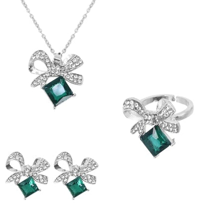 Elegant Jewelry Set Necklace for Women，Adjustable Dainty Cubic Zirconia Trendy Choker Pendant Necklace+Earrings+Ring, Mother's Day Valentine's Day Gifts Pendant Set for Women 3PCS - color: Green bow