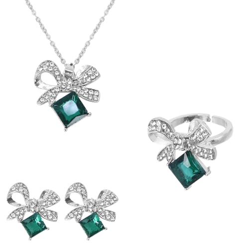Elegant Jewelry Set Necklace for Women，Adjustable Dainty Cubic Zirconia Trendy Choker Pendant Necklace+Earrings+Ring, Mother's Day Valentine's Day Gifts Pendant Set for Women 3PCS - color: Green bow