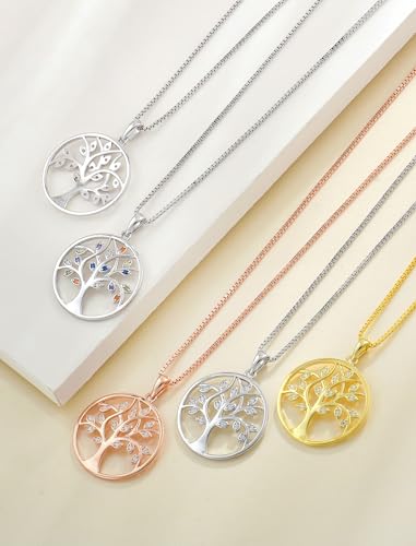YL 925 Sterling Silver Tree of Life Necklace for Women Round Tree Pendant Birthstone Jewelry for Mom - color: 04-zirconia-Apr-gold