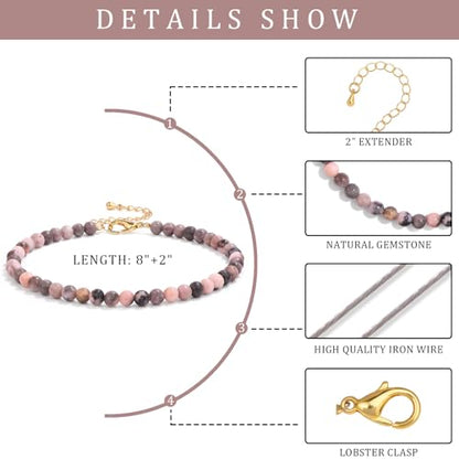 Natural Stone Beaded Anklets for Women, Handmade Boho Clear Quartz 4mm Crystal Beads Anklet, Gold Chain Adjustable Ankles Bracelet, Beach Summer Jewelry Gemstone Foot Bracelet Gift - color: Pink Zebra Jasper