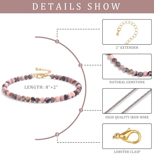 Natural Stone Beaded Anklets for Women, Handmade Boho Clear Quartz 4mm Crystal Beads Anklet, Gold Chain Adjustable Ankles Bracelet, Beach Summer Jewelry Gemstone Foot Bracelet Gift - color: Pink Zebra Jasper