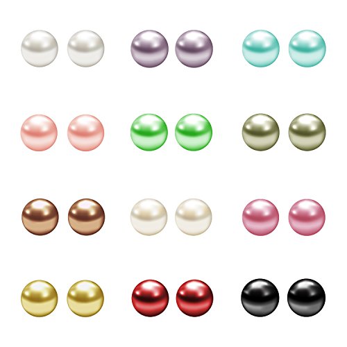 JewelrieShop Fake Pearl Earrings Stud Set Faux Colorful Pearls Earring Pack for Women Hypoallergenic Stainless Steel Ball Studs Earing for Women Jewelry (12pairs, Assorted Size) - color: 6mm (12pairs)