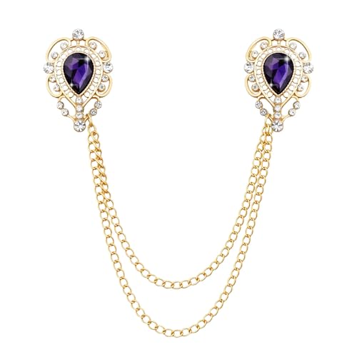 Teardrop Rhinestone Brooch Mens Lapel Pins for Shirt Collar Hanging Chain Brooch Suit Pin Crystal Rhinestone Lapel Pins for Men - color: Purple