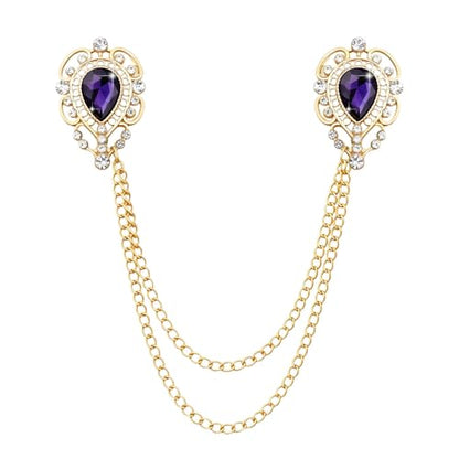 Teardrop Rhinestone Brooch Mens Lapel Pins for Shirt Collar Hanging Chain Brooch Suit Pin Crystal Rhinestone Lapel Pins for Men - color: Purple