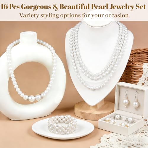 16 Pcs Pearl Jewelry Set with Necklace, Earrings and Bracelets, Pearl Necklaces for Women, Faux Pearls Set Jewelry for Wedding Bridal Christmas Party