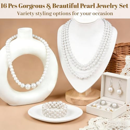 16 Pcs Pearl Jewelry Set with Necklace, Earrings and Bracelets, Pearl Necklaces for Women, Faux Pearls Set Jewelry for Wedding Bridal Christmas Party