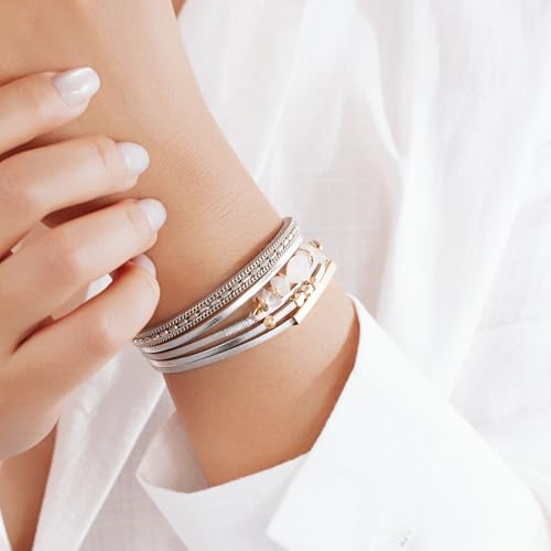 Boho Gemstone Beaded Leather Wrap Bracelets Stackable Chunky Cuff Bracelet Western Jewelry Cowboy Chic Country Concert Outfits for Women - color: Silver