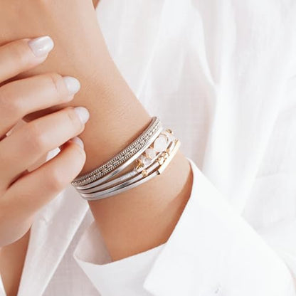 Boho Gemstone Beaded Leather Wrap Bracelets Stackable Chunky Cuff Bracelet Western Jewelry Cowboy Chic Country Concert Outfits for Women - color: Silver