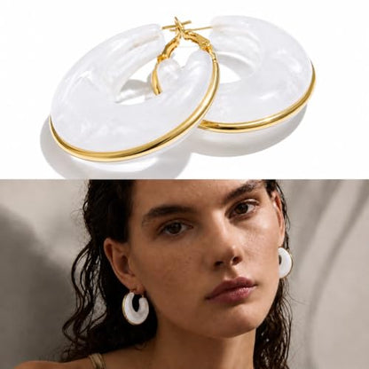 Gold Plated Stainless Steel Acrylic Hoop Earrings for women,Chunky Marbled Resin C-Hoops - CLOUD WHITE
