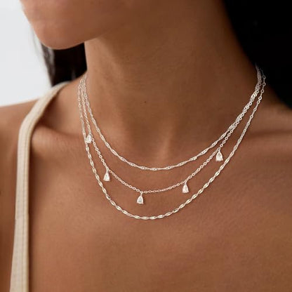 Layered Necklaces for Women, Dainty Gold Necklace Stack 14k Gold Plated Layering CZ Chain Choker Necklaces for Women Trendy Simple Non Tarnish Gold Necklaces Set Fashion Bridal Prom Jewelry - color: set3-silver