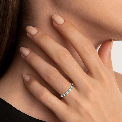 Birthstone Rings Eternity Band 925 Sterling Silver/Yellow Gold-Plated Created Gemstone Stackable Wedding Band 2.7mm Thin Half Eternity Rings for Women Size 6 to 10 - color: 05-Emerald-May