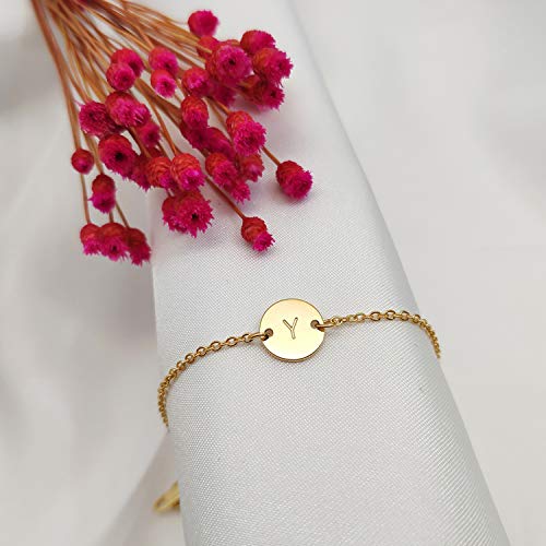 Ovian Initial Charm Bracelet for Women 18K Gold Plated stainless steel Coin Disc Engraved Letter Bracelet Personalized Monogram Name Bracelet - color: Y