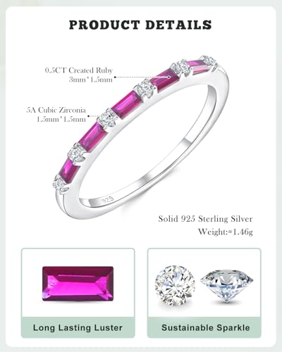 925 Sterling Silver 1.5mm Thin Baguette Stackable Rings for Women | Created Ruby/Sapphire/Emerald/Cubic Zirconia,Dainty Wedding Band Birthday Anniversary Jewelry(with Gift Box) - color: 04-Created Ruby & CZ