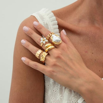 Gold Rings for Women Non Tarnish Boho Stackable Adjustable Open Rings Set Finger Knuckle Stacking Ring Packs Jewelry Gift - color: Gold Flower Chunky Rings 6Pcs