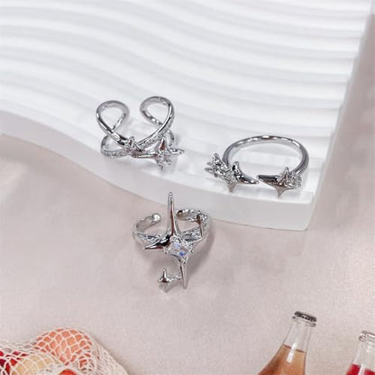 Y2k CZ Star Adjustable Open Stacking Rings for Women Men Vintage Punk Grunge Sparkling Crystal Cross Irregular Statement Stackable Finger Band Knuckle Rings Comfort Fit Fashion Jewelry 3Pcs Set