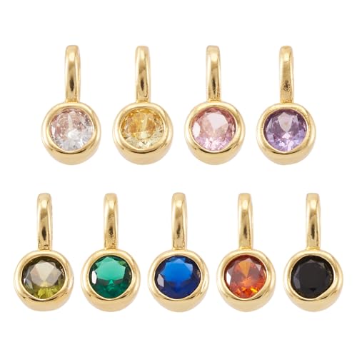 Beadthoven 9Pcs Gold Plated Cubic Zirconia Charms Round Crystal Dangle Bead Charms Long-Lasting Plated Brass Rhinestone Birthstone Pendants for Jewelry Making Necklace Earrings Bracelet DIY Craft - color: Round Mix
