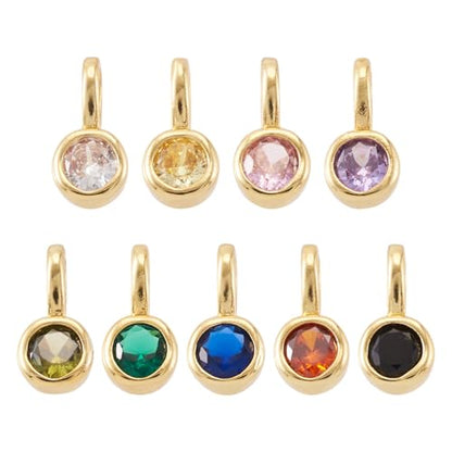 Beadthoven 9Pcs Gold Plated Cubic Zirconia Charms Round Crystal Dangle Bead Charms Long-Lasting Plated Brass Rhinestone Birthstone Pendants for Jewelry Making Necklace Earrings Bracelet DIY Craft - color: Round Mix