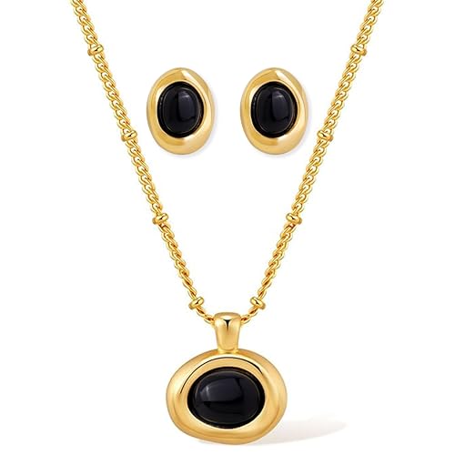 Gold Silver Stud Earrings Pendent Necklace Sets for Women, Dainty Rhinestone Crystal Necklace Earing Jewelry Set Wedding Accessories Fashion Holiday Gift - color: Black Obsidian