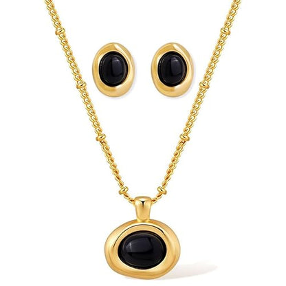 Gold Silver Stud Earrings Pendent Necklace Sets for Women, Dainty Rhinestone Crystal Necklace Earing Jewelry Set Wedding Accessories Fashion Holiday Gift - color: Black Obsidian