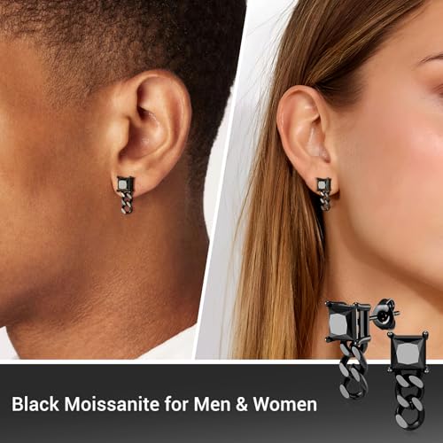 Black Moissanite Stud Earrings for Men Women with Dangling Cuban Links Hypoallergenic Punk Hoop Earrings Mens Jewelry Gifts - color: A- 2.4 carats-(1.2ct*2)-6mm-Square Moissanite Studs